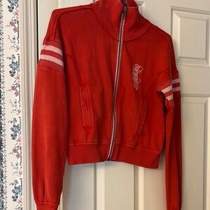 Free people RARE Red Zip-Up Jacket with Rose Embroidery size xs